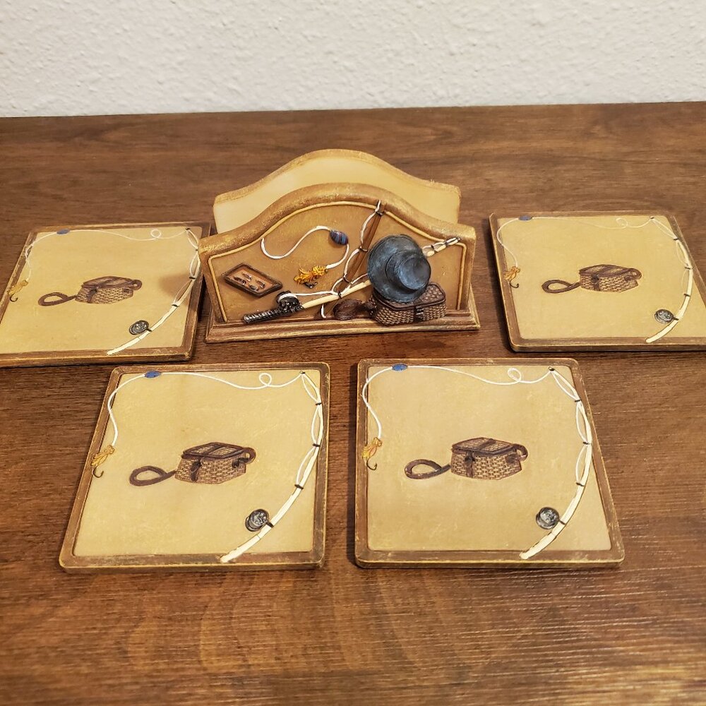 Fishing Coaster Set & Holder Fly Fishing Creel Dad Father's Day Outdoors Decor